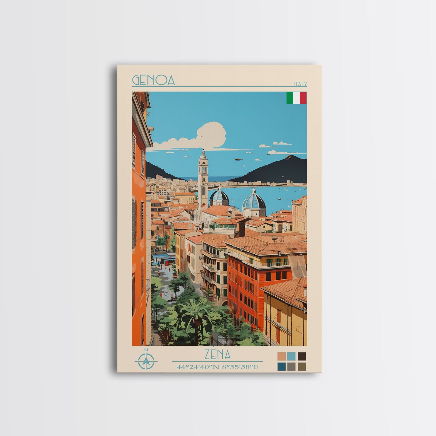 Genoa Italy Travel Poster Framed Canvas Print, Midcentury Modern Art, Pop Art Wall Decor, Scenic Wall Art, Living Room Decoration, Office Gift