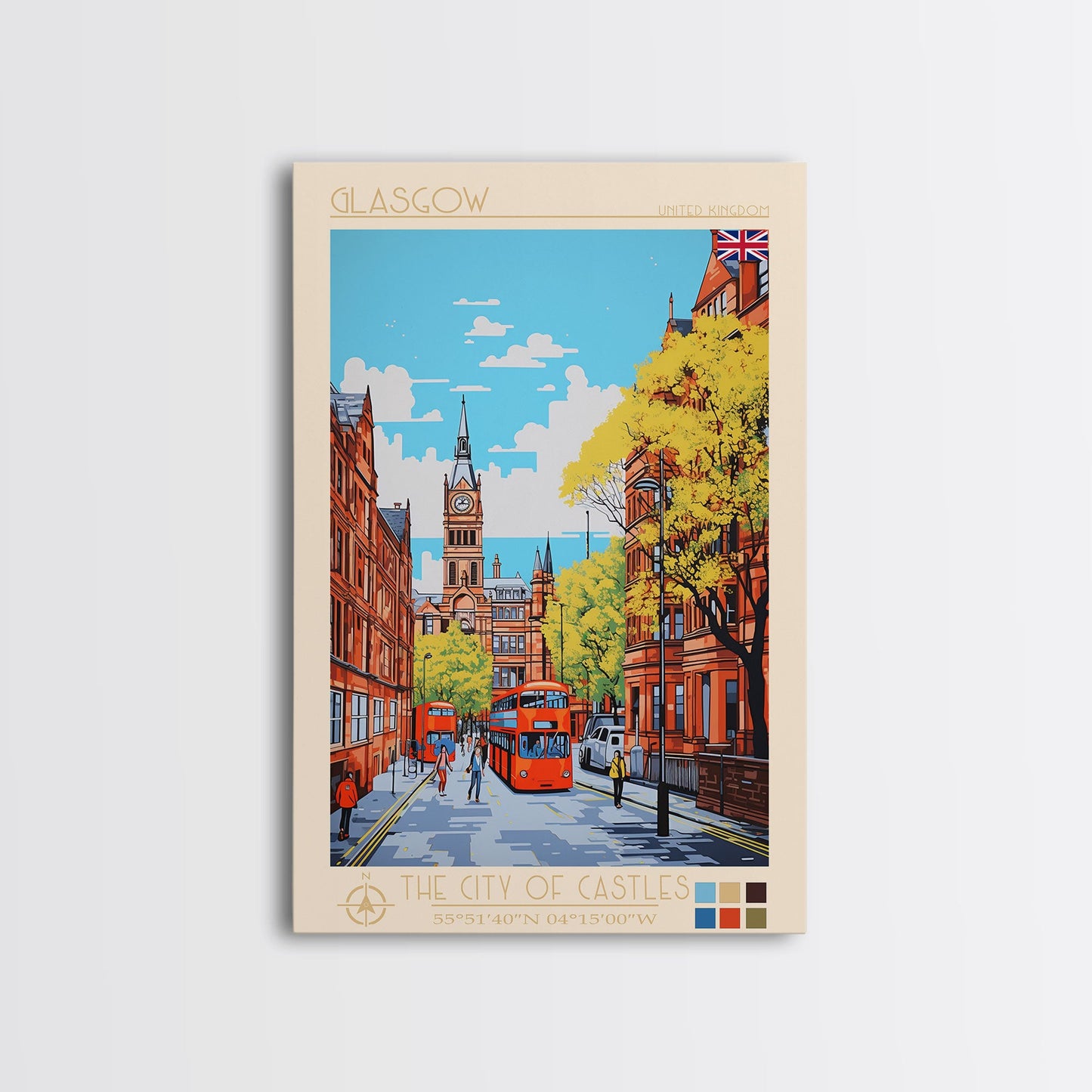 Glasgow United Kingdom Travel Poster Framed Canvas Print, Midcentury Modern Art, Pop Art Wall Decor, Scenic Bedroom Art, Office Decoration