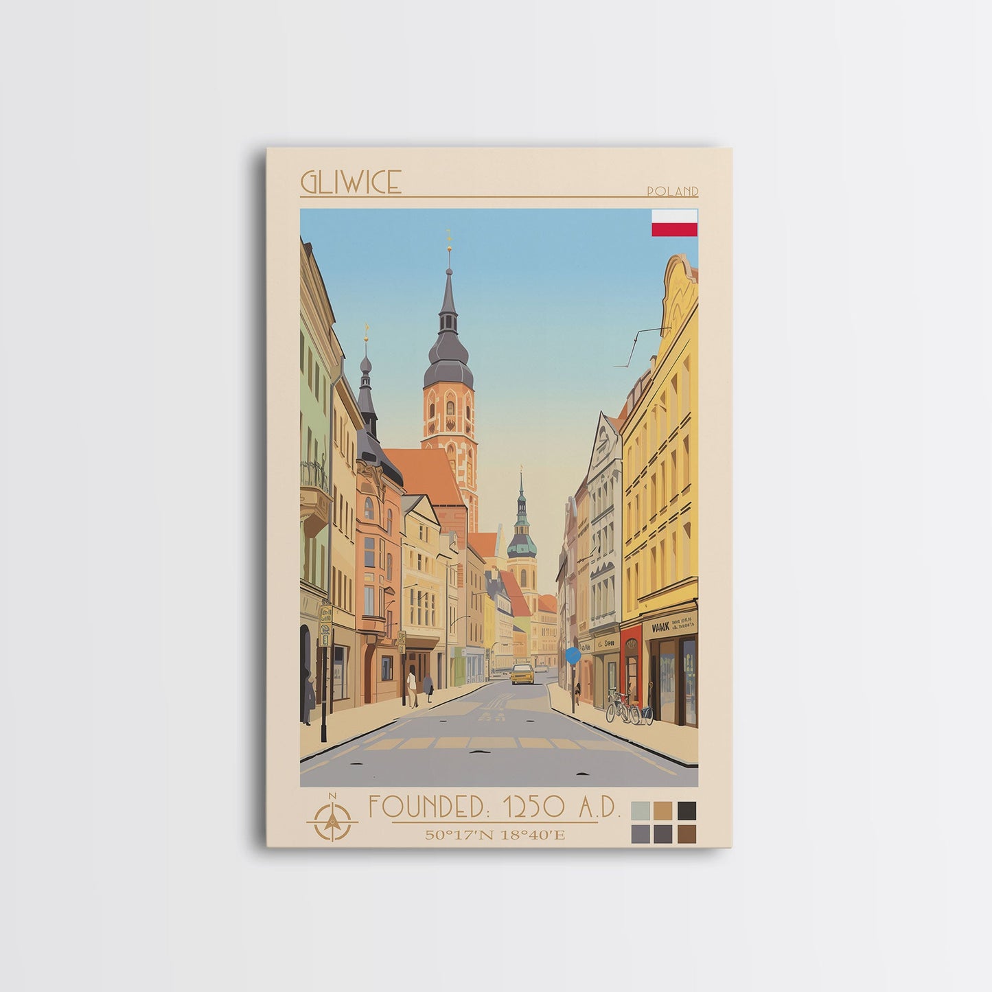 Gliwice Poland Travel Poster Framed Canvas Print, Midcentury Modern Art, Pop Art Wall Decor, Scenic Living Room Art, Bedroom Decor