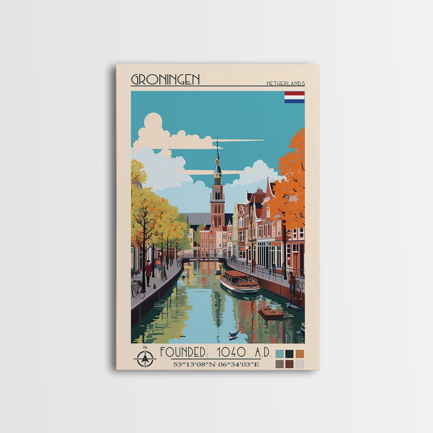 Groningen Netherlands Travel Poster Framed Canvas Print, Midcentury Modern Art, Pop Art Wall Decor, Scenic Living Room Art, Bedroom Gift