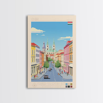 Győr Hungary Travel Poster Framed Canvas Print, Midcentury Modern Art, Pop Art Wall Decor, Scenic Wall Art, Living Room Decoration, Office Gift