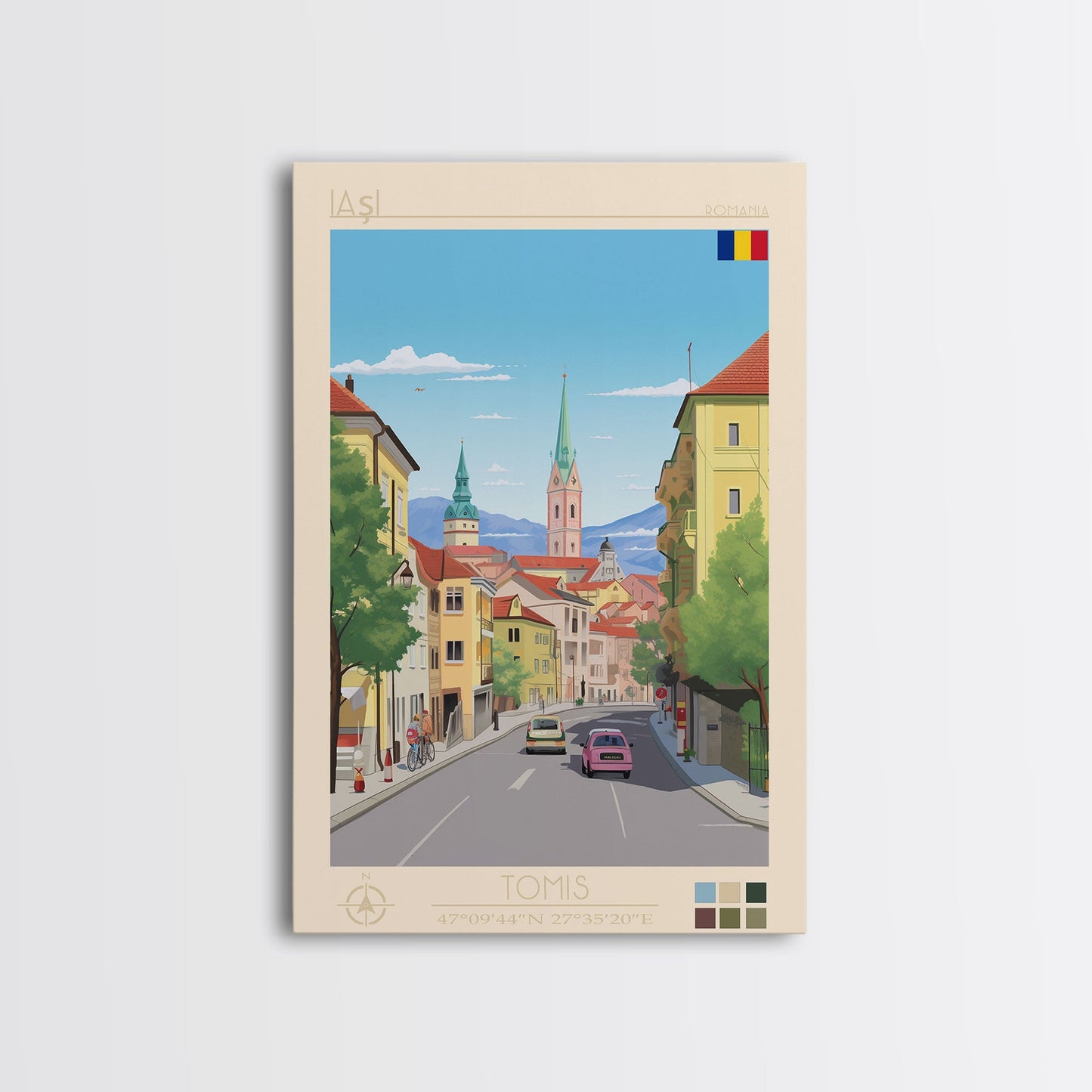 Iași Romania Travel Poster Framed Canvas Print, Midcentury Modern Art, Pop Art Wall Decor, Scenic Wall Art, Living Room Decoration, Office Gift