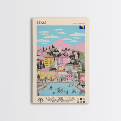 Ilidža Bosnia and Herzegovina Travel Poster Framed Canvas Print, Midcentury Modern Art, Pop Art Wall Decor, Scenic Wall Art, Bedroom Decoration
