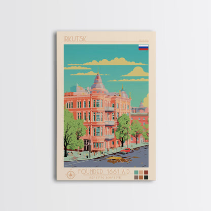 Irkutsk Russia Travel Poster Framed Canvas Print, Midcentury Modern Art, Pop Art Wall Decor, Scenic Bedroom Art, Office Decoration
