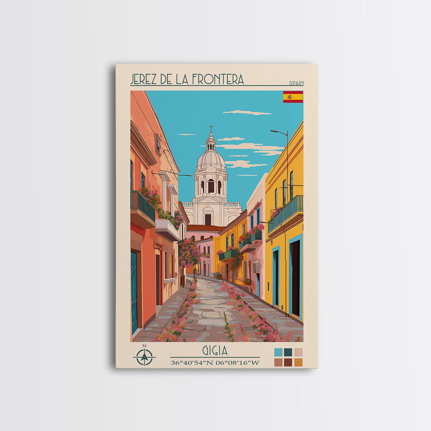 Jerez de la Frontera Spain Travel Poster Framed Canvas Print, Midcentury Modern Art, Pop Art Wall Decor, Scenic Bedroom Art, Office Decoration