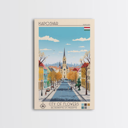 Kaposvár Hungary Travel Poster Framed Canvas Print, Midcentury Modern Art, Pop Art Wall Decor, Scenic Bedroom Art, Office Decoration