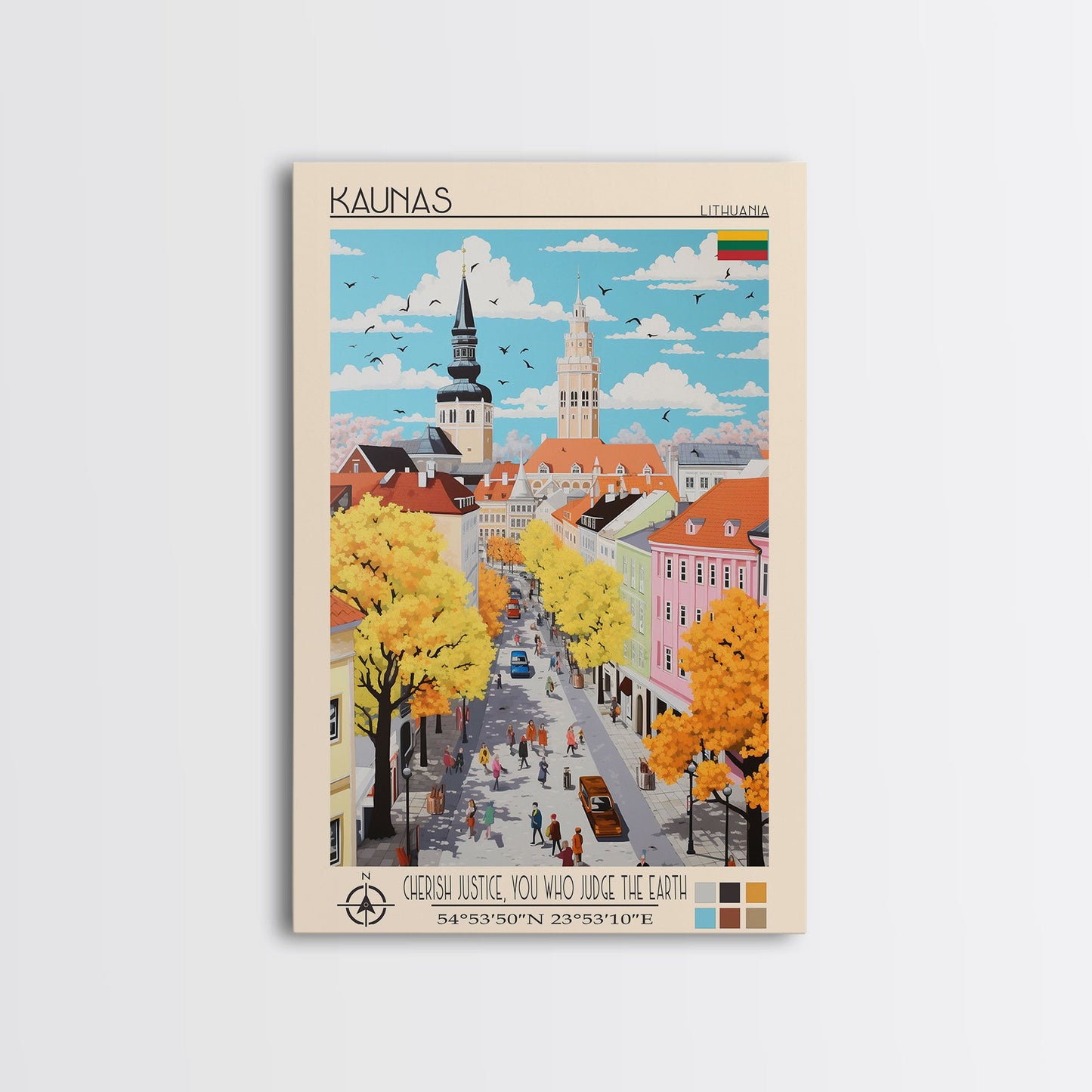 Kaunas Lithuania Travel Poster Framed Canvas Print, Midcentury Modern Art, Pop Art Wall Decor, Scenic Living Room Art, Bedroom Gift