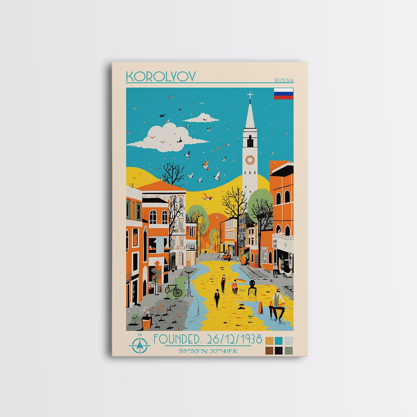 Korolyov Russia Travel Poster Framed Canvas Print, Midcentury Modern Art, Pop Art Wall Decor, Scenic Bedroom Art, Office Decoration