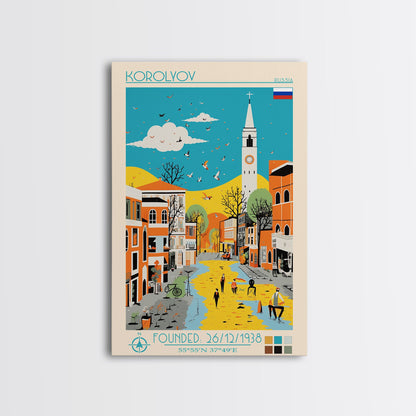 Korolyov Russia Travel Poster Framed Canvas Print, Midcentury Modern Art, Pop Art Wall Decor, Scenic Bedroom Art, Office Decoration