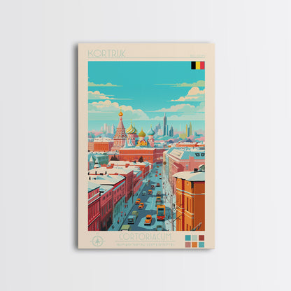 Kortrijk Belgium Travel Poster Framed Canvas Print, Midcentury Modern Art, Pop Art Wall Decor, Scenic Living Room Art, Bedroom Decor