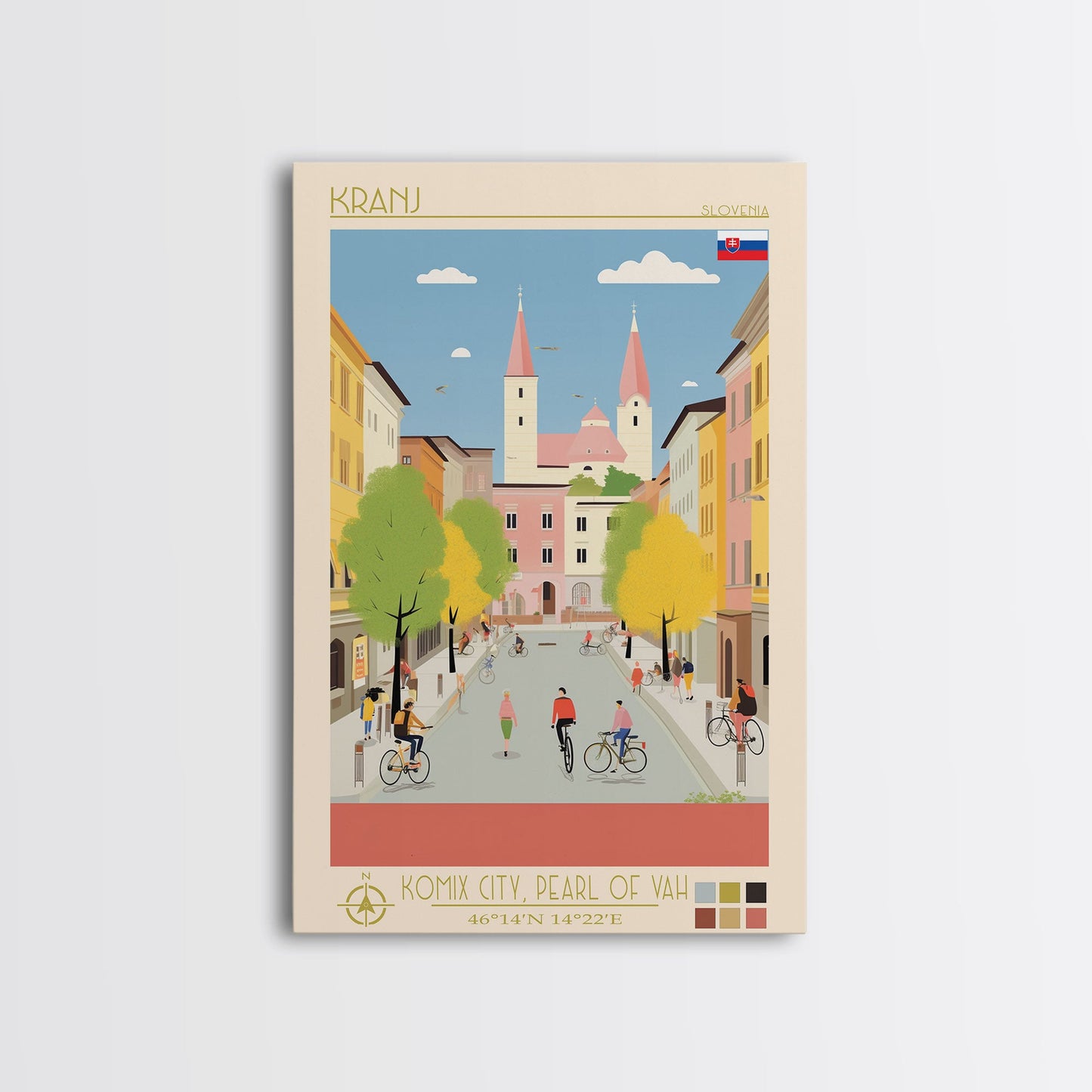 Kranj Slovenia Travel Poster Framed Canvas Print, Midcentury Modern Art, Pop Art Wall Decor, Scenic Wall Art, Bedroom Decoration