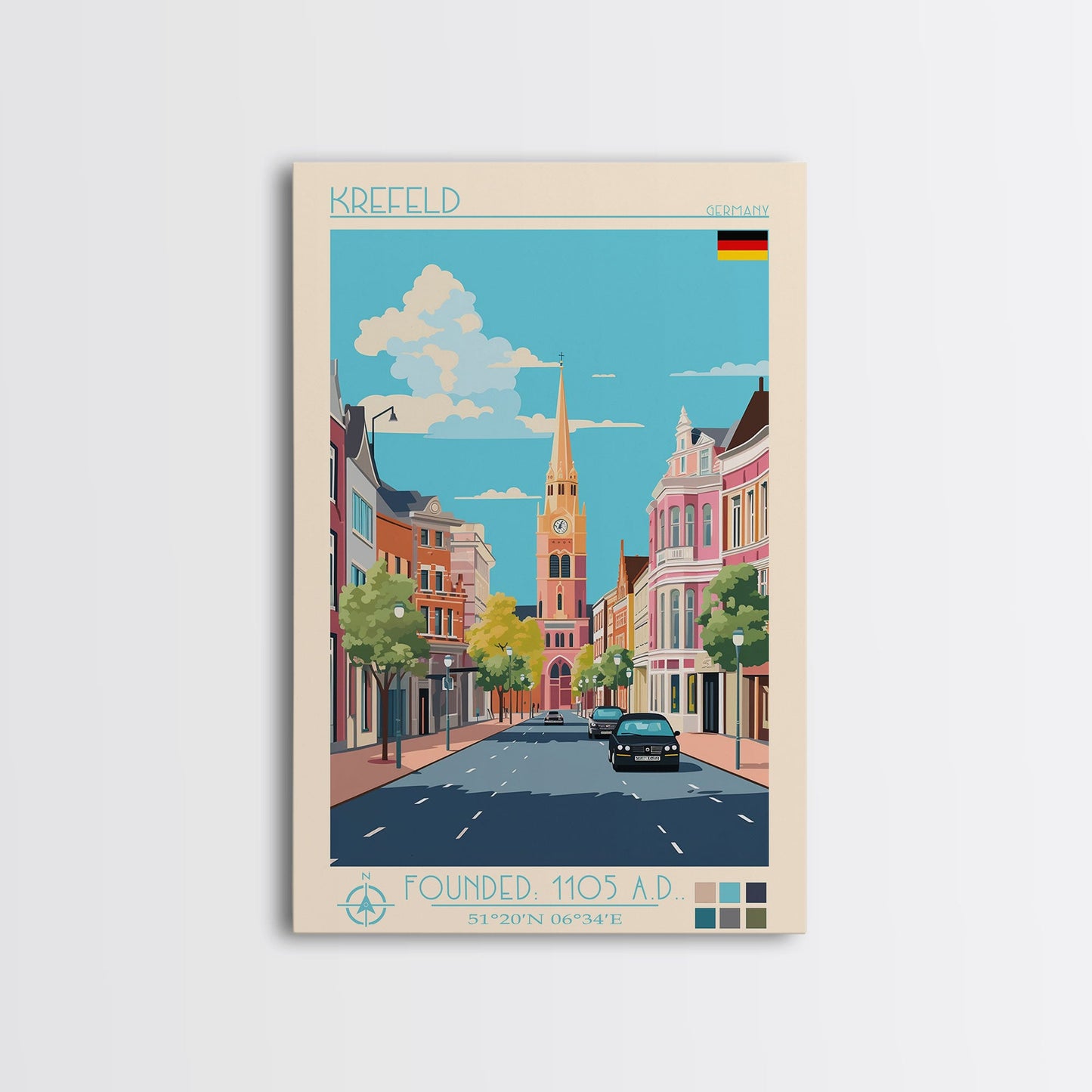 Krefeld Germany Travel Poster Framed Canvas Print, Midcentury Modern Art, Pop Art Wall Decor, Scenic Living Room Art, Bedroom Decor