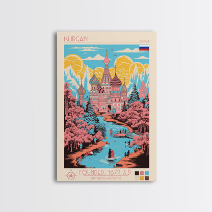 Kurgan Russia Travel Poster Framed Canvas Print, Midcentury Modern Art, Pop Art Wall Decor, Scenic Wall Art, Living Room Decoration, Office Gift