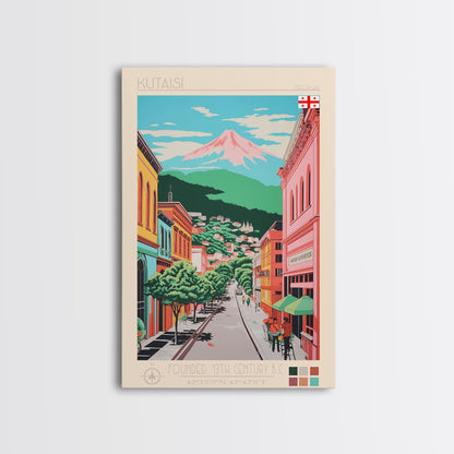 Kutaisi Georgia Travel Poster Framed Canvas Print, Midcentury Modern Art, Pop Art Wall Decor, Scenic Living Room Art, Bedroom Decor