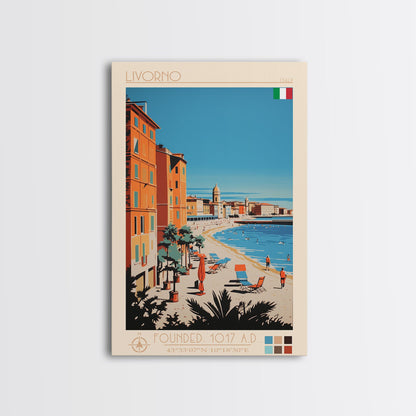 Livorno Italy Travel Poster Framed Canvas Print, Wall Decor, Midcentury Modern Art, Pop Art, Scenic Art for Bedroom and Office