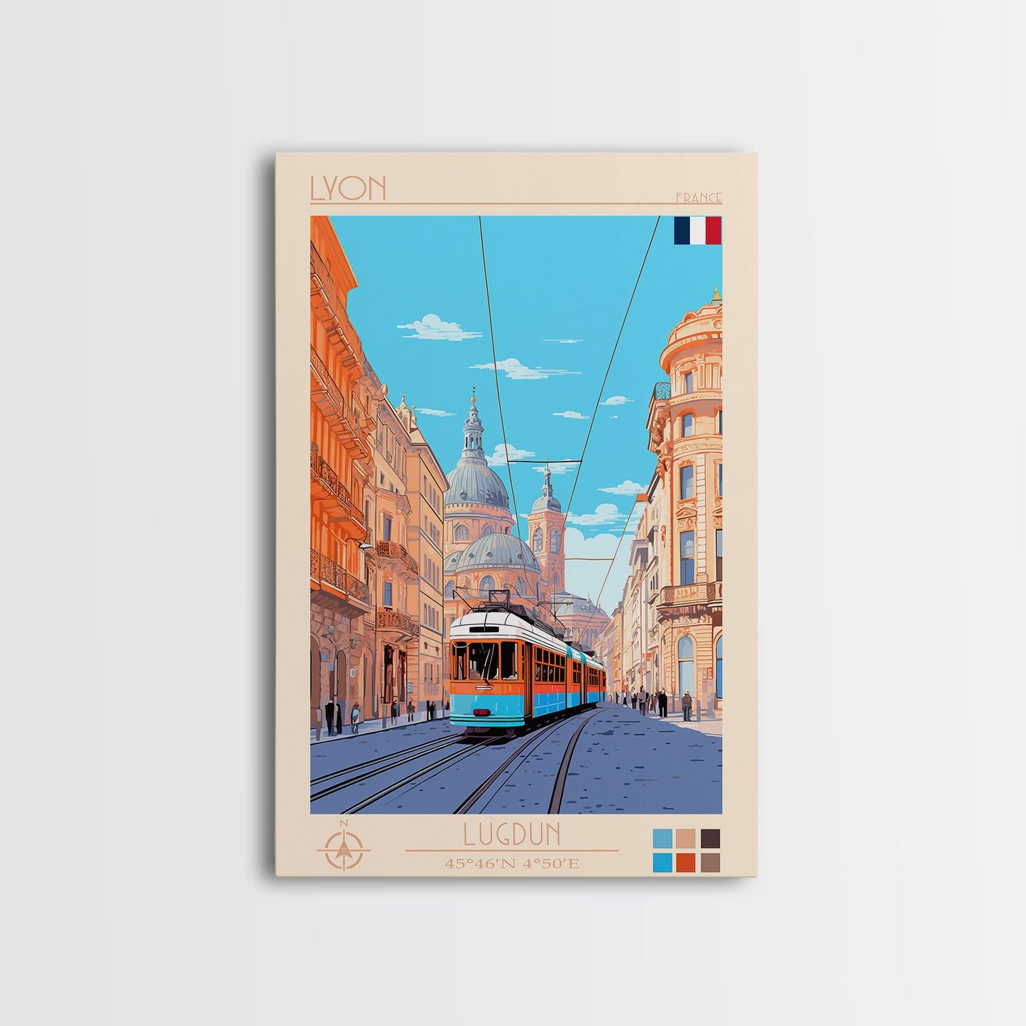 Lyon France Travel Poster Framed Canvas Print, Midcentury Modern Art, Pop Art Wall Decor, Scenic Bedroom Art, Office Decoration
