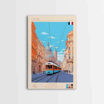 Lyon France Travel Poster Framed Canvas Print, Midcentury Modern Art, Pop Art Wall Decor, Scenic Bedroom Art, Office Decoration