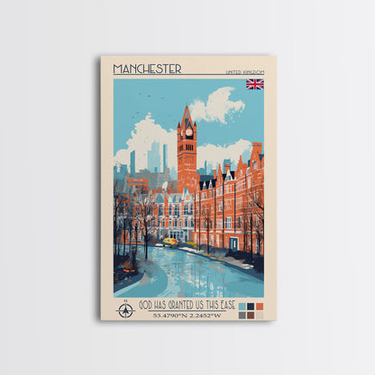 Manchester United Kingdom Travel Poster Framed Canvas Print, Midcentury Modern Art, Pop Art Wall Decor, Scenic Wall Art, Living Room Decoration, Office Art