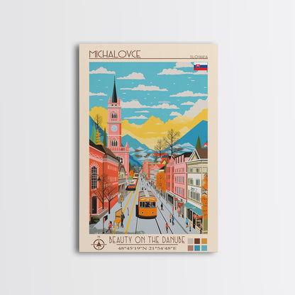 Michalovce Slovakia Travel Poster Framed Canvas Print, Midcentury Modern Art, Pop Art Wall Decor, Scenic Wall Art, Living Room Decoration, Office Art