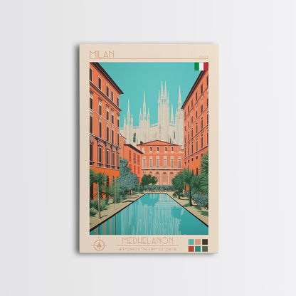 Milan Italy Travel Poster Framed Canvas Print, Midcentury Modern Art, Pop Art Wall Decor, Scenic Bedroom Art, Office Decoration
