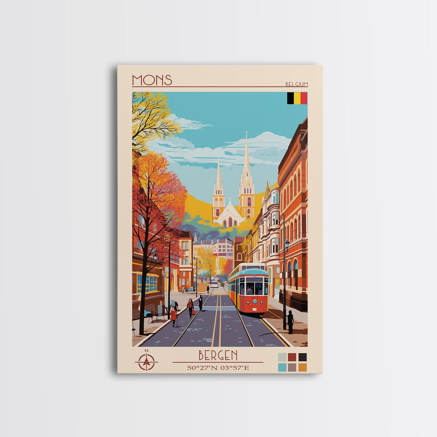 Mons Belgium Travel Poster Framed Canvas Print, Midcentury Modern Art, Pop Art Wall Decor, Home Decor, Vacation Gift, Office Art