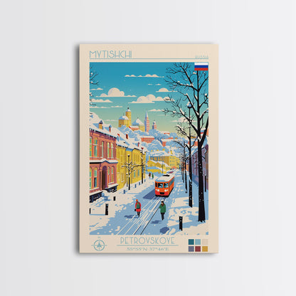 Mytishchi Russia Travel Poster Framed Canvas Print, Midcentury Modern Art, Pop Art Wall Decor, Scenic Living Room Art, Bedroom Decor