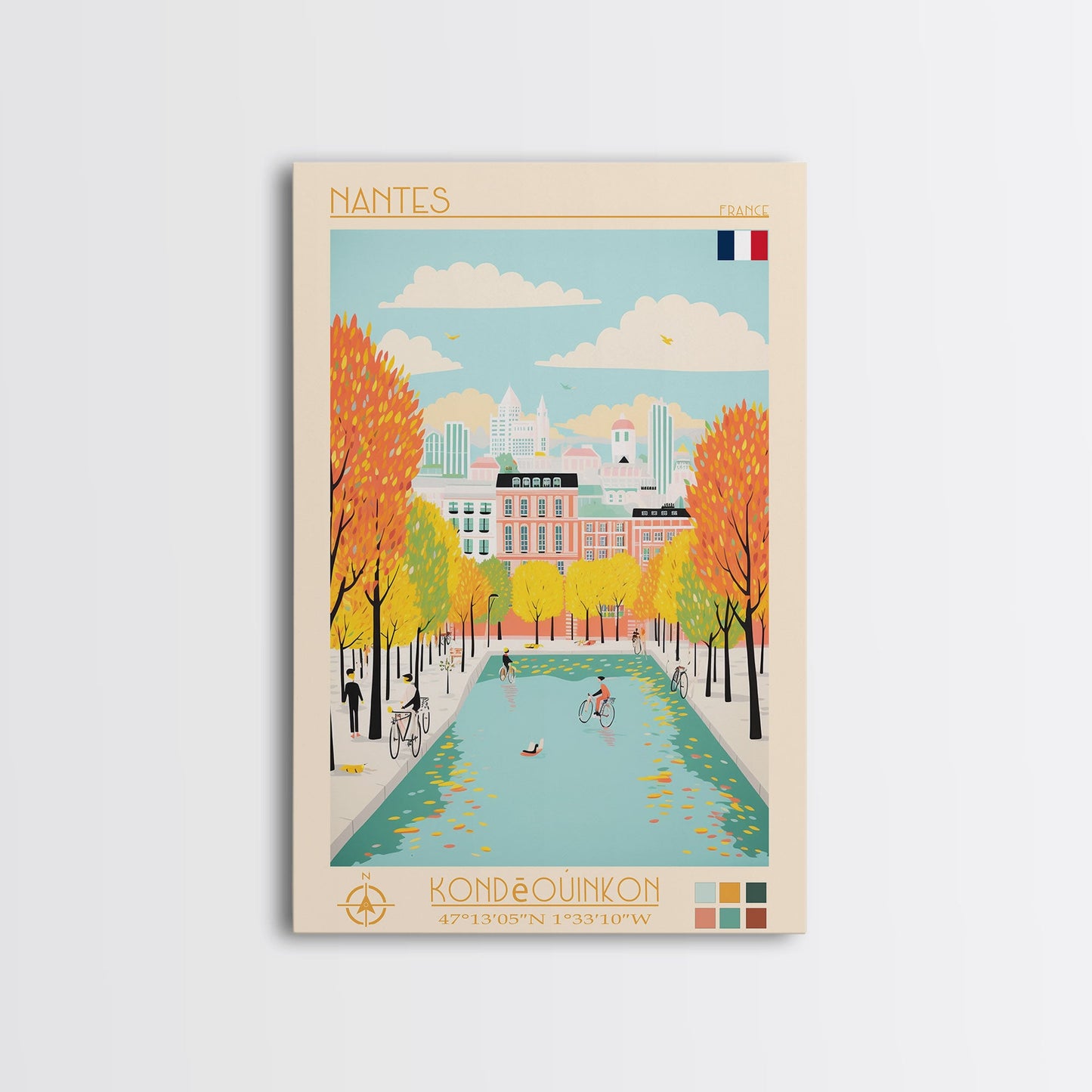 Nantes France Travel Poster Framed Canvas Print, Midcentury Modern Art, Pop Art Wall Decor, Scenic Wall Art, Bedroom Decoration