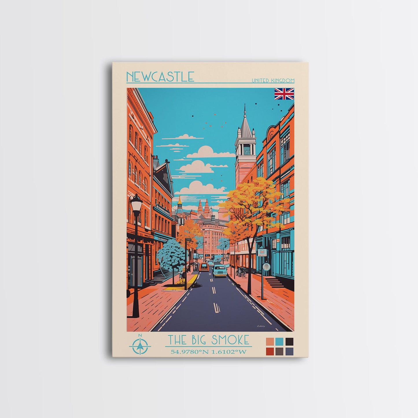 Newcastle United Kingdom Travel Poster Framed Canvas Print, Midcentury Modern Art, Pop Art Wall Decor, Scenic Living Room Art, Bedroom Decor