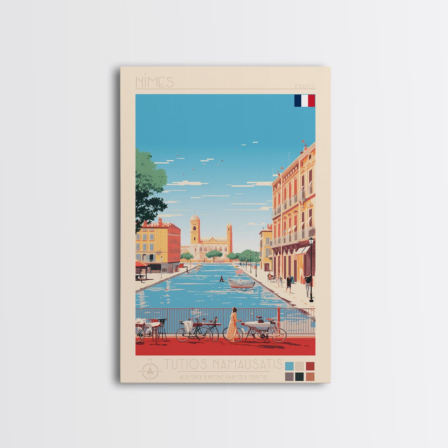 Nimes France Travel Poster Framed Canvas Print, Midcentury Modern Art, Pop Art Wall Decor, Scenic Living Room Art, Bedroom Gift