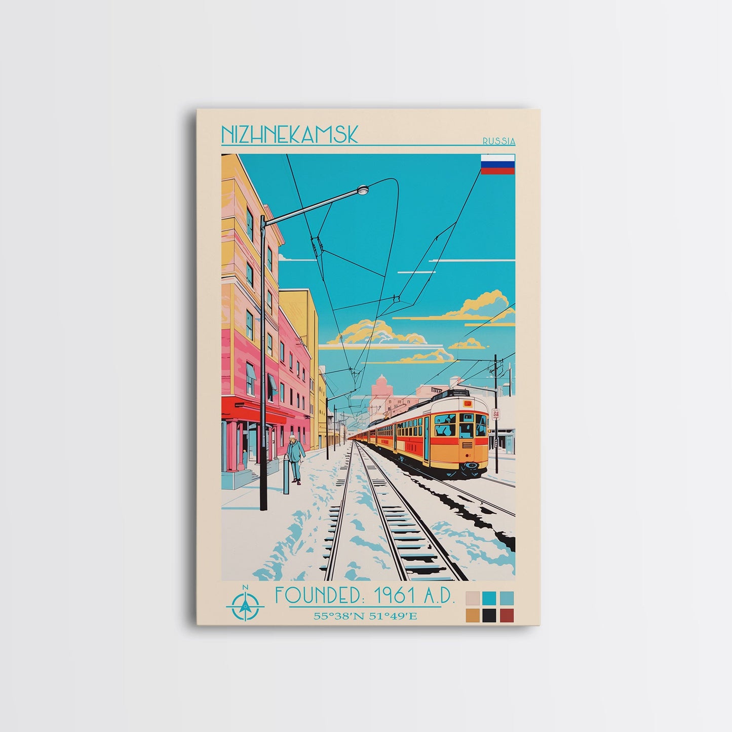 Nizhnekamsk Russia Travel Poster Framed Canvas Print, Midcentury Modern Art, Pop Art Wall Decor, Scenic Wall Art, Bedroom Decoration