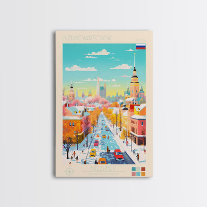 Nizhnevartovsk Russia Travel Poster Framed Canvas Print, Midcentury Modern Art, Pop Art Wall Decor, Scenic Wall Art, Living Room Decoration, Office Art