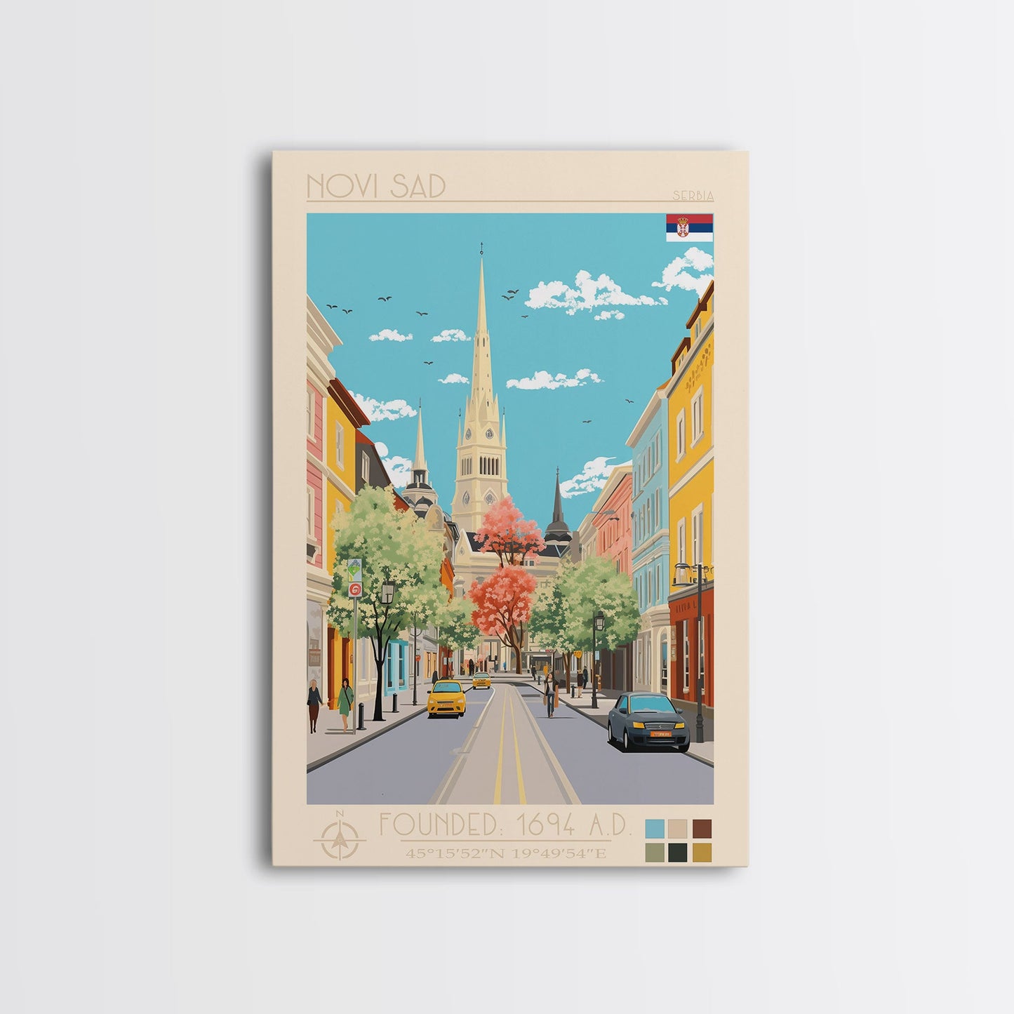 Novi Sad Serbia Travel Poster Framed Canvas Print, Midcentury Modern Art, Pop Art Wall Decor, Scenic Wall Art, Bedroom Decoration