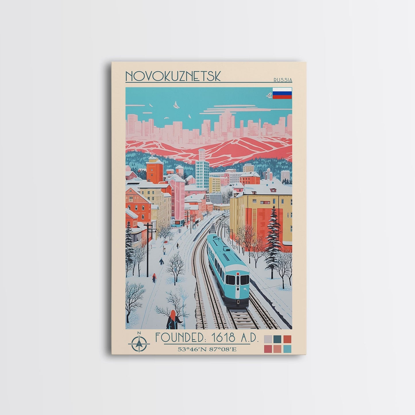 Novokuznetsk Russia Travel Poster Framed Canvas Print, Midcentury Modern Art, Pop Art Wall Decor, Scenic Wall Art, Living Room Decoration, Office Art