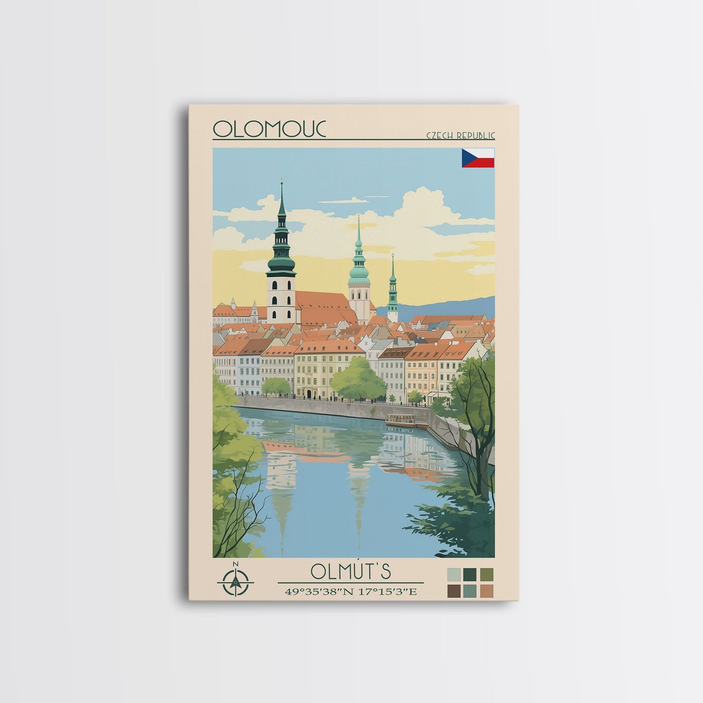 Olomouc Czech Republic Travel Poster Framed Canvas Print, Midcentury Modern Art, Pop Art Wall Decor, Scenic Wall Art, Living Room Decoration, Office Gift