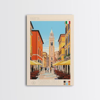 Parma Italy Travel Poster Framed Canvas Print, Midcentury Modern Art, Pop Art Wall Decor, Scenic Wall Art, Bedroom Decoration