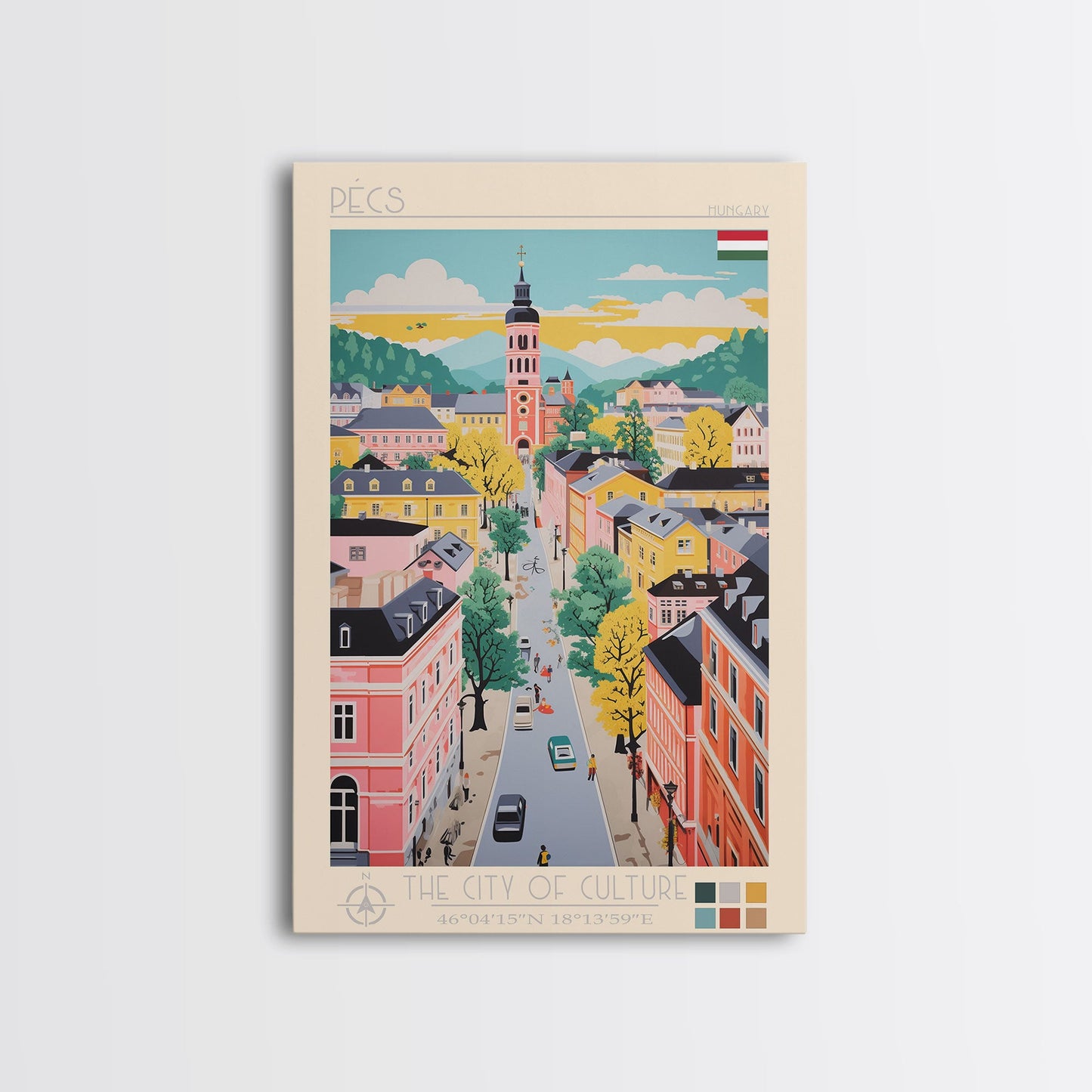 Pécs Hungary Travel Poster Framed Canvas Print, Midcentury Modern Art, Pop Art Wall Decor, Living Room Art, Home Decoration