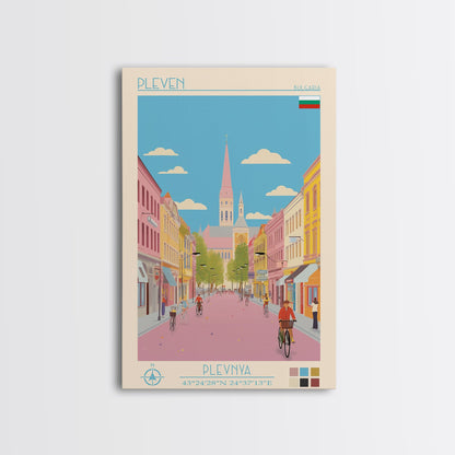 Pleven Bulgaria Travel Poster Framed Canvas Print, Midcentury Modern Art, Pop Art Wall Decor, Scenic Wall Art, Living Room Decoration, Office Gift