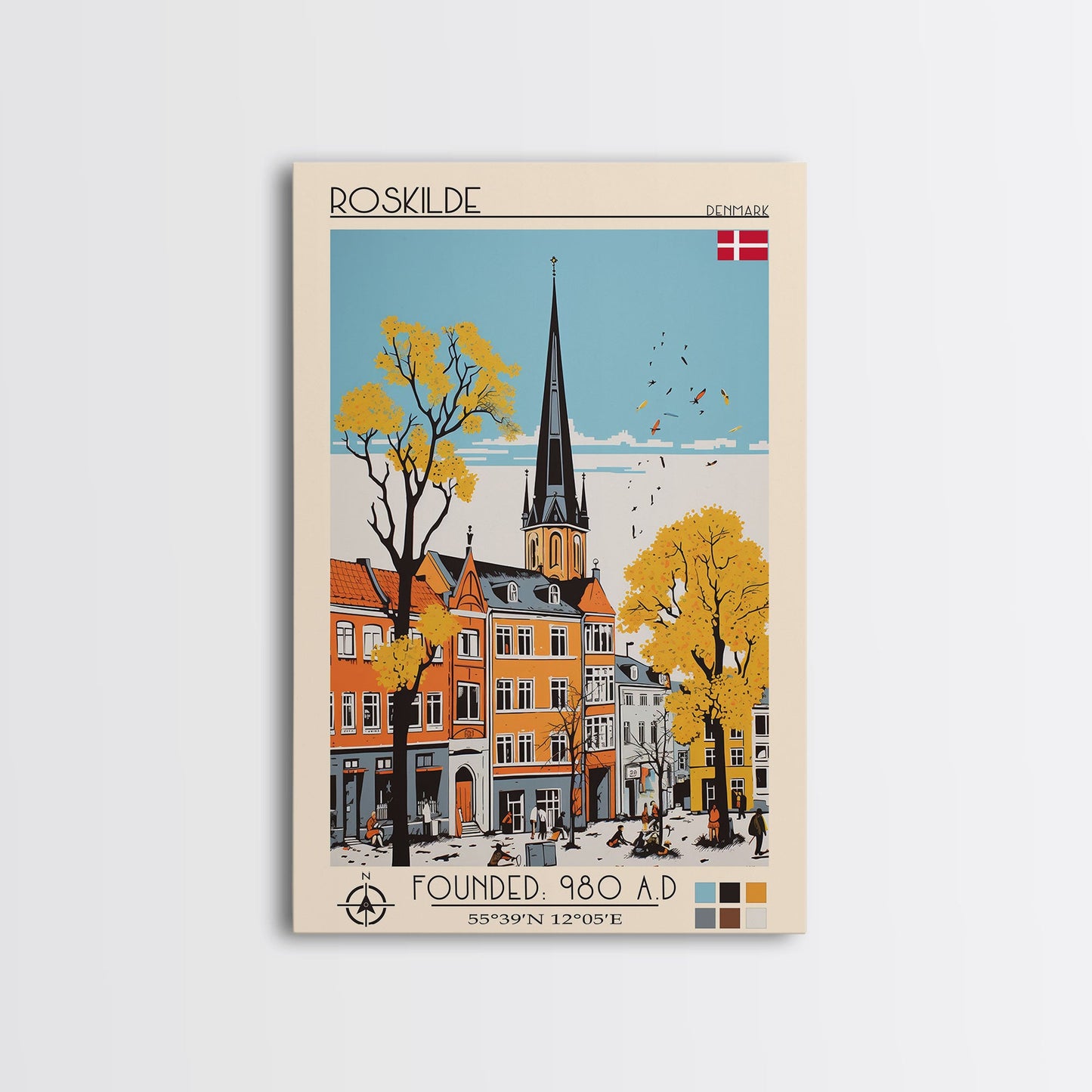 Roskilde Denmark Travel Poster Framed Canvas Print, Midcentury Modern Art, Pop Art Wall Decor, Scenic Living Room Art, Bedroom Gift