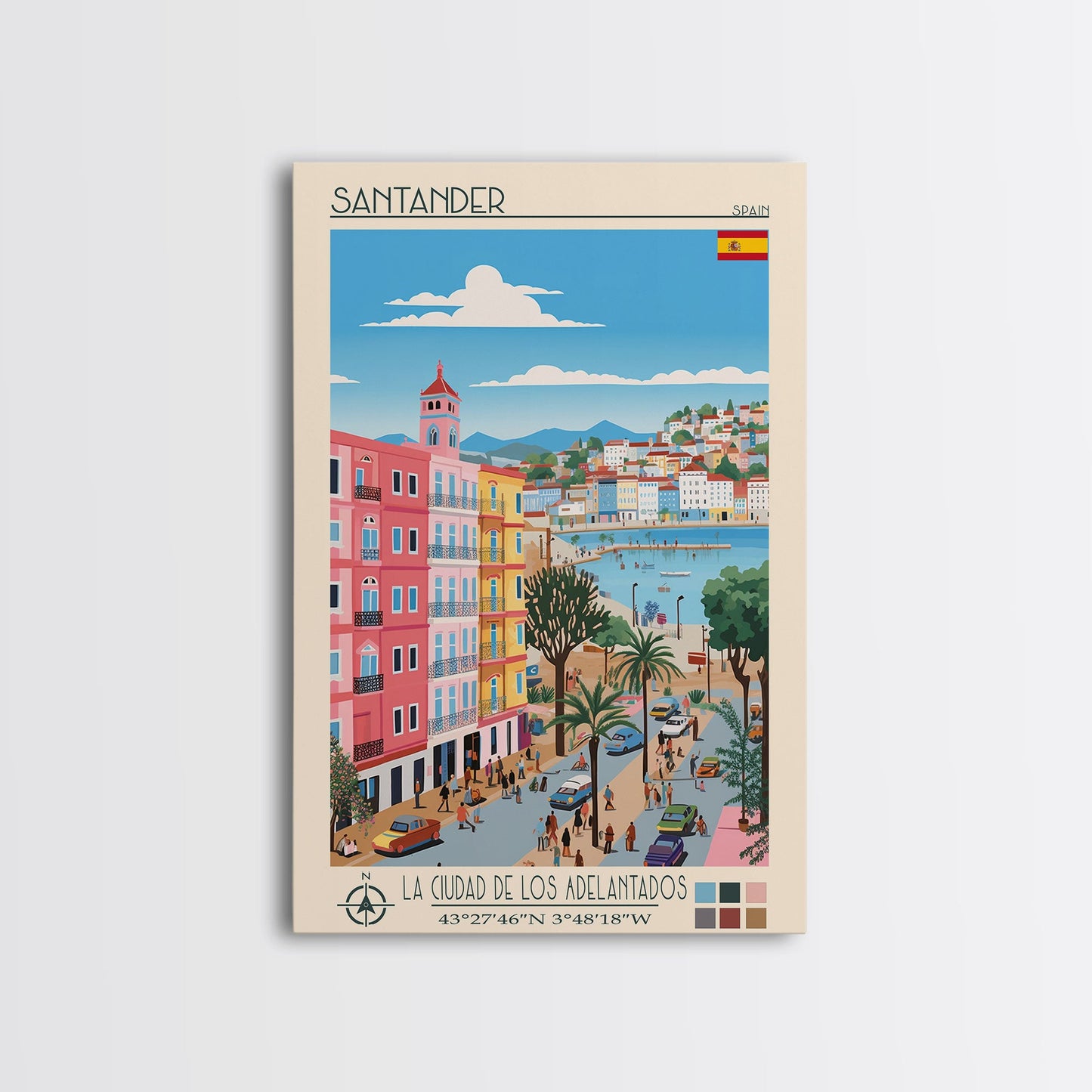 Santander Spain Travel Poster Framed Canvas Print, Midcentury Modern Art, Pop Art Wall Decor, Scenic Wall Art, Vacation Gift