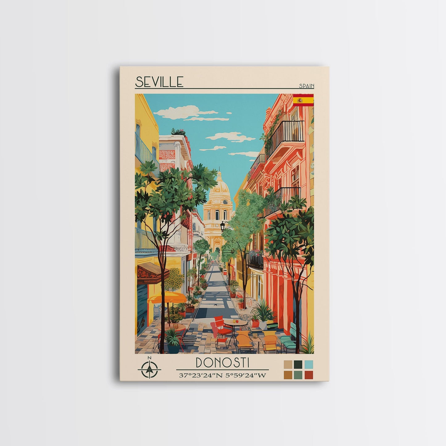 Seville Spain Travel Poster Framed Canvas Print, Midcentury Modern Art, Pop Art Wall Decor, Living Room Art, Home Decoration