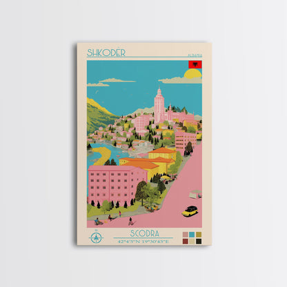 Shkodër Albania Travel Poster Framed Canvas Print, Midcentury Modern Art, Pop Art Wall Decor, Scenic Wall Art, Bedroom Decoration