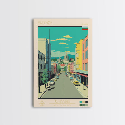 Shumen Bulgaria Travel Poster Framed Canvas Print, Midcentury Modern Art, Pop Art Wall Decor, Home Decor, Office Decoration, Scenic Art