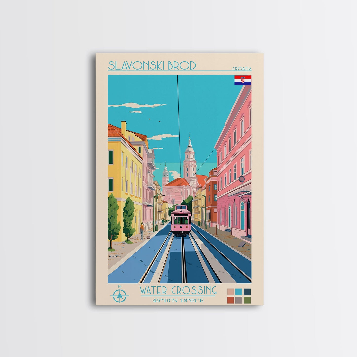 Slavonski Brod Croatia Travel Poster Framed Canvas Print, Midcentury Modern Art, Pop Art Wall Decor, Home Decor, Office Decoration