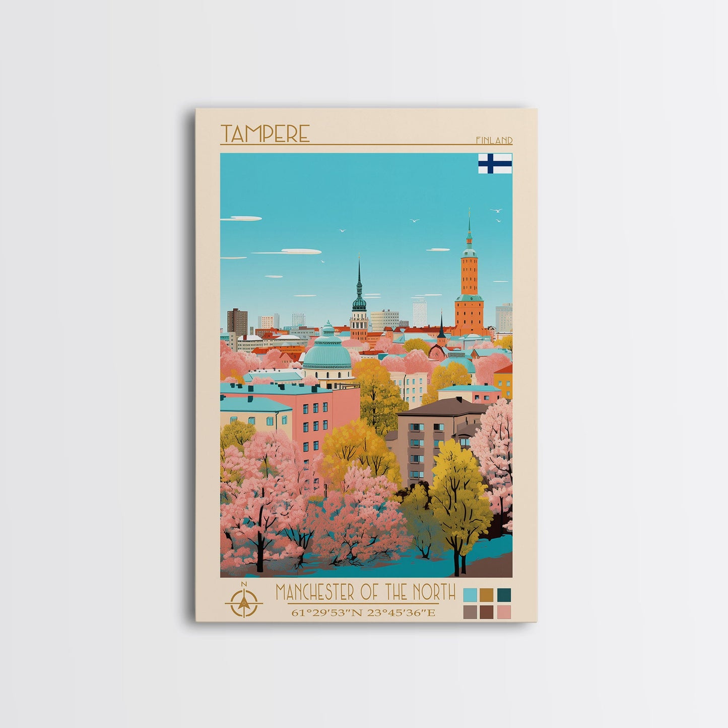 Tampere Finland Travel Poster Framed Canvas Print, Midcentury Modern Art, Pop Art Wall Decor, Living Room Art, Vacation Gift