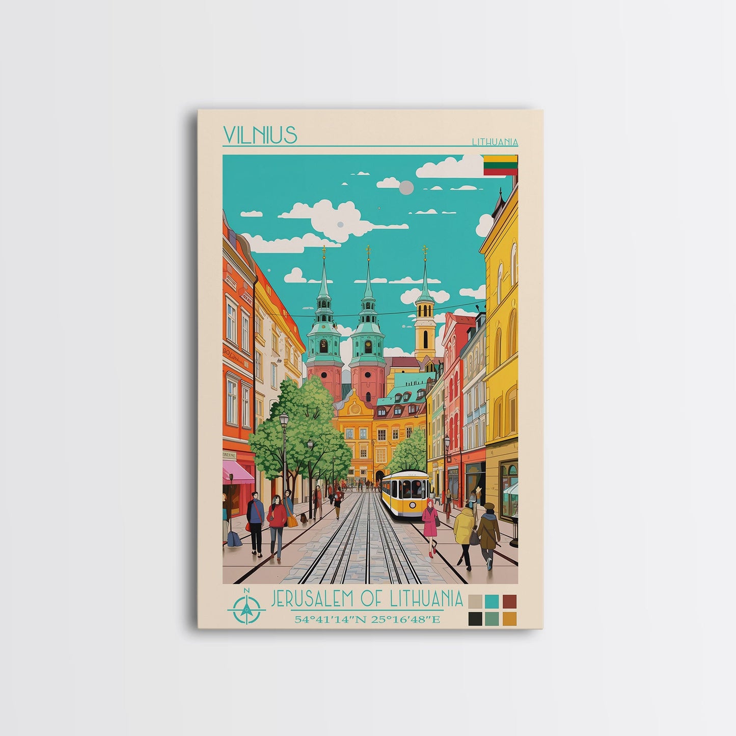 Vilnius Lithuania Travel Poster Framed Canvas Print, Midcentury Modern Art, Pop Art Wall Decor, Living Room Art, Home Decoration