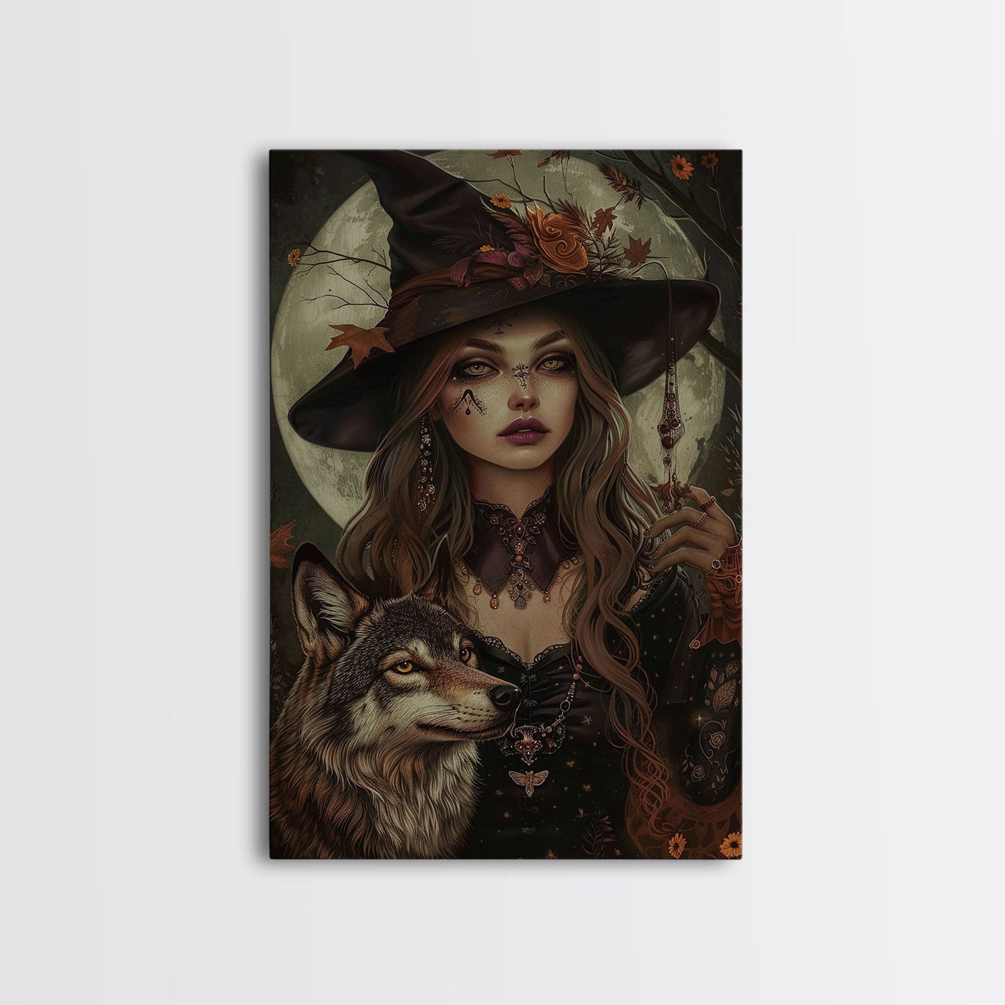 Die Hexe und der Wolf, Gruseliges Halloween-Wandbild, gerahmter Leinwanddruck, Gruselsaison, Hexenbild, Halloween-Dekoration und -Kunst, Saisonales