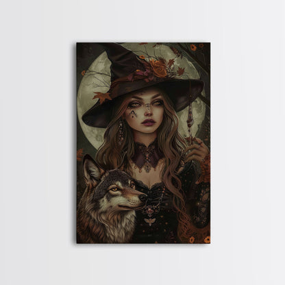 Die Hexe und der Wolf, Gruseliges Halloween-Wandbild, gerahmter Leinwanddruck, Gruselsaison, Hexenbild, Halloween-Dekoration und -Kunst, Saisonales