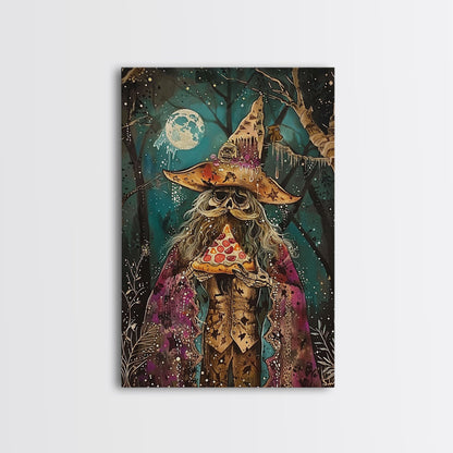 Ghostly Wizard Having A  Slice of Pizza, Funny Halloween Decor, Framed Canvas Print