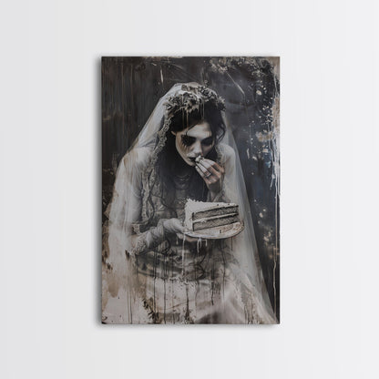 Melancholic Ghost Bride Having A Slice of Birthday Cake, Framed Canvas Print, Halloween Decor