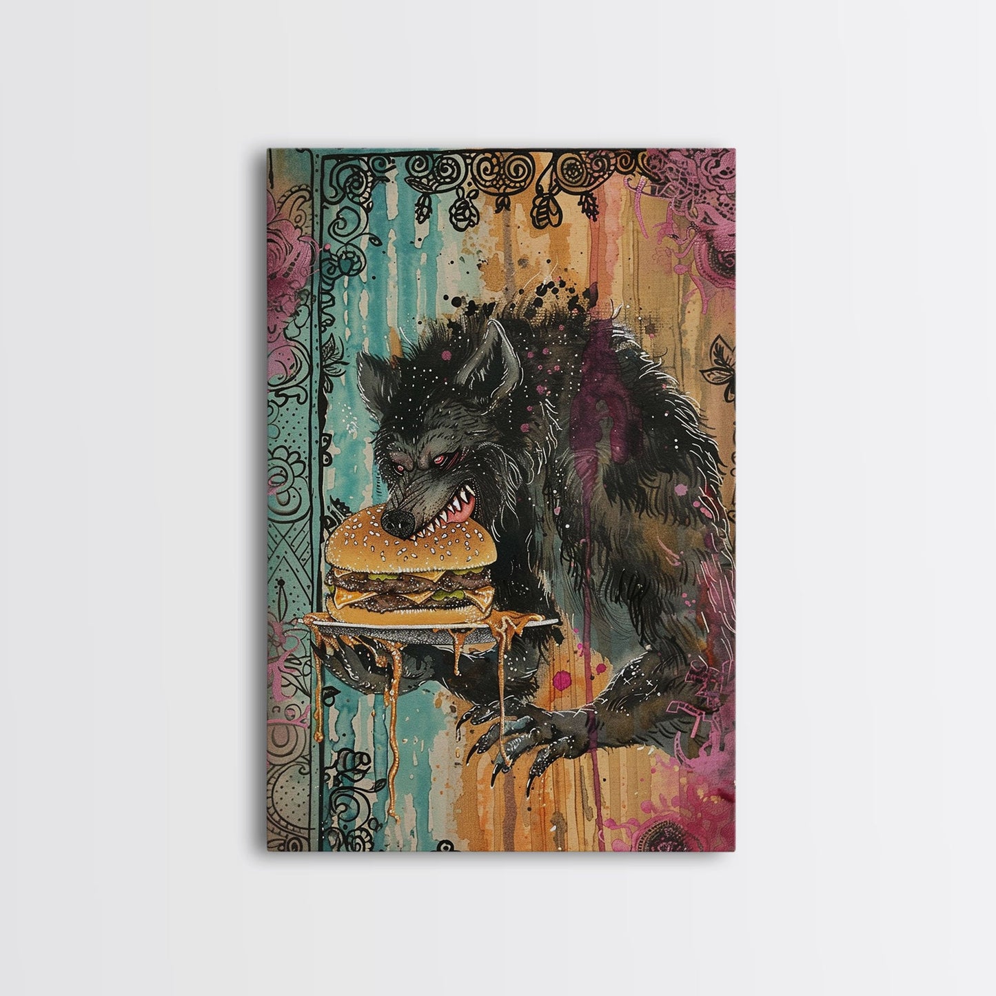 Halloween Creepy Werewolf with Burger Framed Canvas Print, Wall Art, Living Room Decor, Kitchen Art, Unique Halloween Gift, Spooky Decor